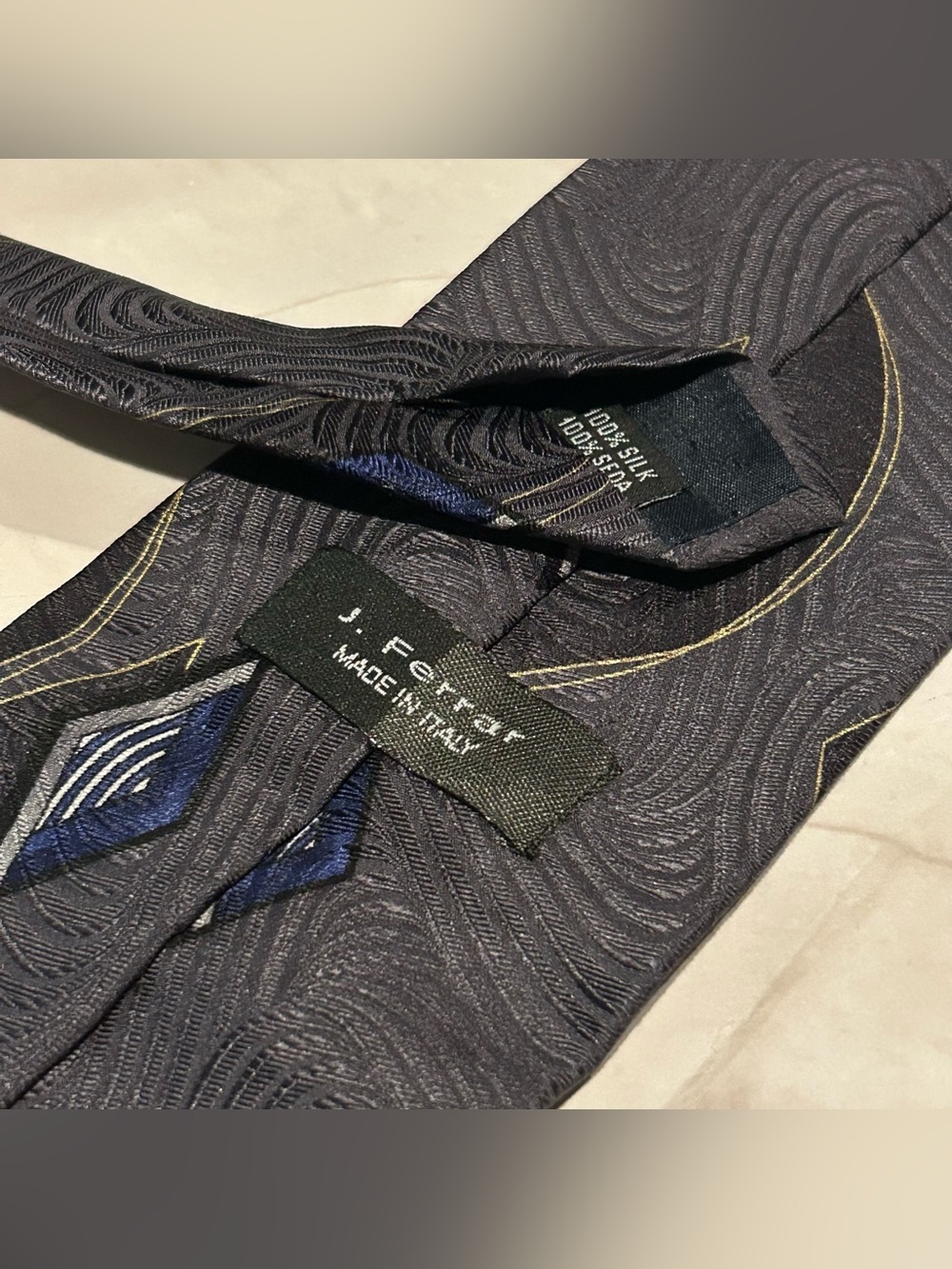 jf j.ferrar Italian Gray 60” Silk Tie with Blue and Gold Geometric Accents - Picture 3 of 3
